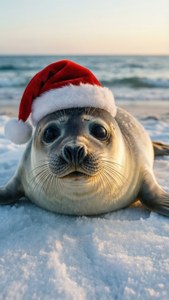 Chú hải cẩu đáng yêu đội mũ ông già Noel trên bãi biển tuyết — Dễ thương Giáng sinh Hình nền