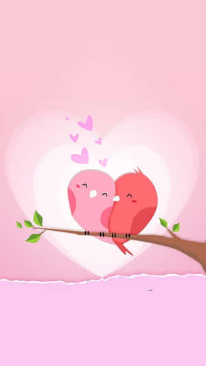 hai chú chim đậu trên cành cây với trái tim — Valentine dễ thương Hình nền