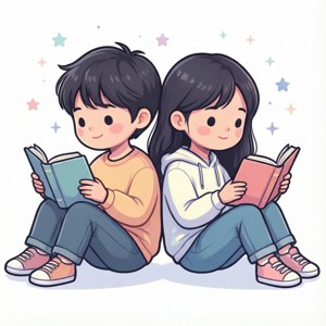 Clipart hai người bạn ngồi đọc sách tựa lưng vào nhau trên nền đầy sao. — Huawei nova Flip Hình nền