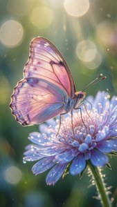 Một chú bươm bướm màu hồng pastel và oải hương tinh tế trên bông hoa xanh với hiệu ứng bokeh. — Pastel Hình nền