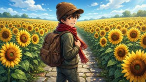 Cậu bé anime đi qua cánh đồng hoa hướng dương vào một ngày nắng đẹp