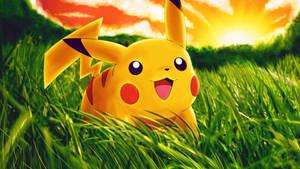 Hình nền Pokemon Pikachu dễ thương đang chơi đùa trên đồng cỏ.