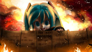 Miku Hatsune nhìn qua bức tường như Titan Khổng Lồ trong hình nền fan art crossover Attack On Titan.