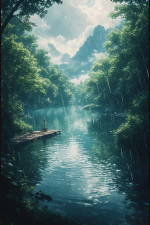 anime,hồ,mưa,rừng,xanh,sương mù,núi non,bến tàu,yên bình,u sầu,thiên nhiên,phong cảnh,4K — iPhone 4 Hình nền