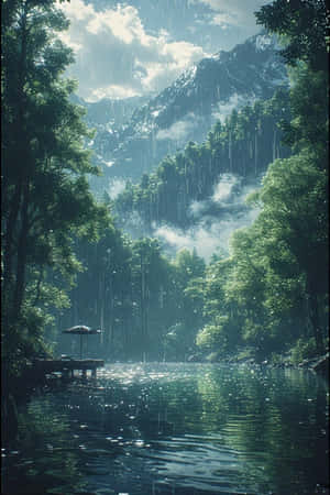 anime,hồ,mưa,rừng,xanh,sương mù,núi,bến tàu,yên bình,u sầu,thiên nhiên,phong cảnh,4K — iPhone 4 Hình nền