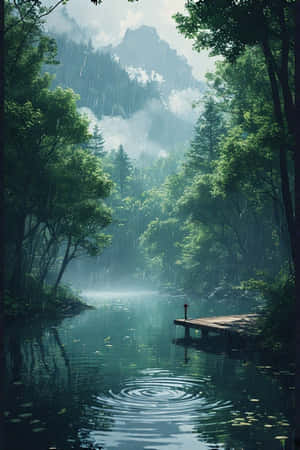 anime,hồ,mưa,rừng,xanh,sương mù,núi,bến tàu,yên bình,u sầu,thiên nhiên,phong cảnh,4K — iPhone 4 Hình nền
