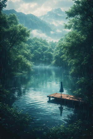 anime,hồ,mưa,rừng,xanh,sương mù,núi,bến tàu,yên bình,u sầu,thiên nhiên,phong cảnh,4K — iPhone 4 Hình nền