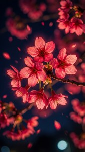 Hoa anh đào đỏ neon huyền ảo tỏa sáng trong màn đêm tối. — Đỏ neon Hình nền