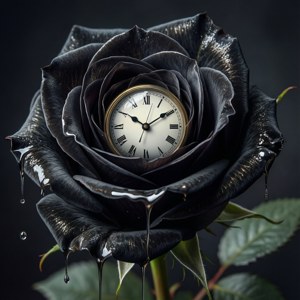 Một bông hồng đen siêu thực với chiếc đồng hồ tan chảy, lấy cảm hứng từ Dali. — Galaxy Watch Hình nền