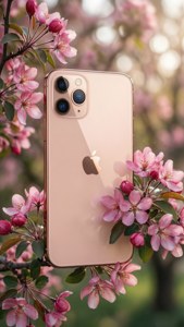 iPhone 11 Pro Max màu hồng vàng giữa những bông hoa hồng trong ánh sáng mùa xuân.