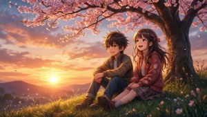 Hai đứa trẻ anime tận hưởng hoàng hôn yên bình dưới những tán cây anh đào.