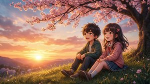 Hai đứa trẻ anime tận hưởng hoàng hôn yên bình dưới những hàng cây hoa anh đào.