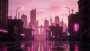 Một cảnh quan thành phố thẩm mỹ màu hồng nhạt với phản chiếu neon.