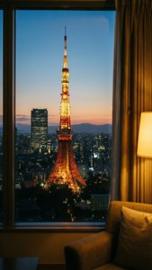 Tháp Tokyo hiện ra từ căn phòng ấm cúng lúc chạng vạng — Nhật bản GIF Hình nền