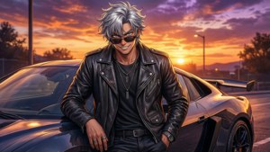 Một chàng trai anime phong cách tạo dáng bên chiếc xe thể thao lúc hoàng hôn. hình nền