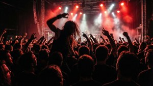 Hòa nhạc mosh pit theo phong cách emo với ánh sáng đỏ và đen.