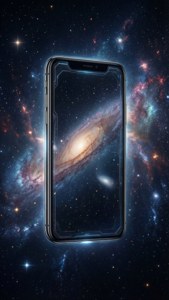 Hình nền vũ trụ với iPhone X lơ lửng giữa các vì sao.