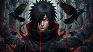 Itachi trong phong cách anime đen với quạ và sharingan. — Đen hoạt hình Hình nền