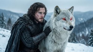 Jon Snow đứng cùng sói ma Ghost của mình trong tuyết