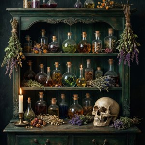 Kệ apothecary phù thủy với lọ thuốc và đầu lâu, trang trí whimsigoth gothic. — Pixel Watch 3 Hình nền