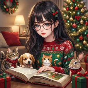 Cô gái anime đọc truyện Giáng sinh cho các loài vật — Anime giáng sinh Hình nền