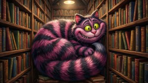 Mèo Cheshire lướt qua một thư viện huyền diệu. — 柴郡猫 Hình nền