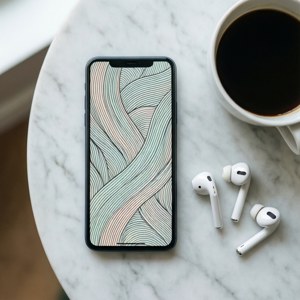 Ảnh chụp từ trên xuống Pixel 8 với hình nền tối giản, cà phê và tai nghe — Pixel 8 Hình nền