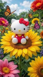Hello Kitty ngồi trên một bông hoa hướng dương khổng lồ trong khu vườn đầy màu sắc. — Hello kitty GIF Hình nền