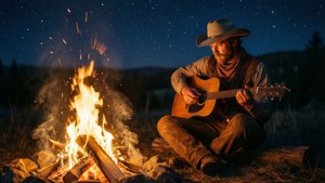 Một chàng cao bồi chơi guitar bên đống lửa trại dưới bầu trời sao. — ROG Ally Hình nền