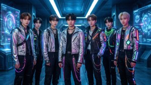 Một nhóm nhạc nam Kpop lấy cảm hứng từ cyberpunk trong bối cảnh tương lai. — Kpop GIF Hình nền
