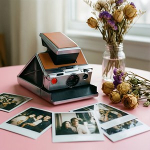 Tĩnh vật phấn màu nhẹ nhàng với máy ảnh Polaroid cổ điển và những bức ảnh