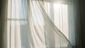 Rèm cửa trắng mỏng bay trong nắng, hình nền thanh thản huyền ảo. — Trắng tinh tế Hình nền