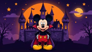 Chuột Mickey hóa thân thành ma cà rồng trước lâu đài ma ám theo phong cách vector phẳng