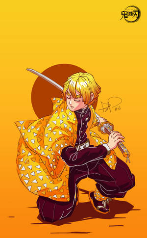 Hình nền nghệ thuật số Zenitsu tạo dáng trên nền cam. — Galaxy Tab S9 Hình nền
