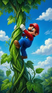 Mario leo lên một dây leo khổng lồ trên bầu trời, đầy quyết tâm và phiêu lưu. — iPhone 6 Hình nền