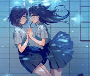 Hình nền lesbian anime trong hồ bơi — Anime đồng tính nữ Hình nền