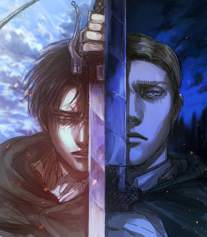 Hình nền fan art nửa mặt Erwin và Levi Ackerman. — Galaxy Z Fold Hình nền