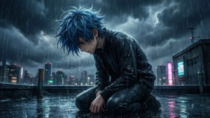 Một chàng trai anime buồn bã quỳ trên mái nhà trong mưa, cúi đầu, giữa khung cảnh thành phố đầy bão tố. — Anime buồn GIF Hình nền