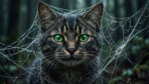 Mèo Cheshire bị mắc trong mạng nhện với đôi mắt phát sáng. — 柴郡猫 Hình nền