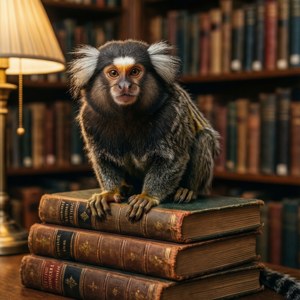 Một chú marmoset ngồi trên sách trong khung cảnh thư viện ấm cúng. — Pixel Watch 3 Hình nền