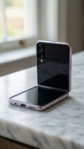 Z Flip 5 tối giản đặt trên mặt đá cẩm thạch với ánh sáng pastel nhẹ nhàng