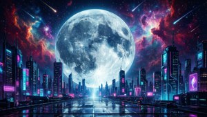 Mặt trăng phát sáng trên thành phố cyberpunk với bầu trời thiên hà rực rỡ.