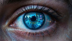 Cận cảnh một con mắt phát sáng màu xanh neon, phong cách cyberpunk — Neon xanh Hình nền