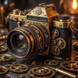 Một chiếc máy ảnh steampunk với bánh răng và chi tiết đồng thau tinh xảo. — Infinix Zero Hình nền