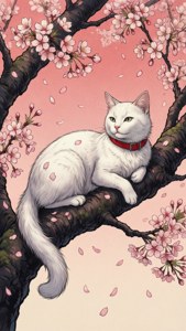 Một chú mèo thanh lịch nằm nghỉ trên cành hoa anh đào — Anime mèo Hình nền