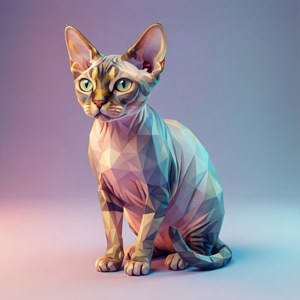 Hình ảnh 3D low poly hiện đại của mèo Devon Rex với các hình khối nhiều mặt màu pastel. — Pixel Watch 4 Hình nền