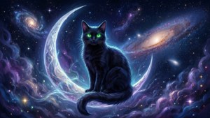 Một chú mèo đen huyền bí ngồi trên vầng trăng khuyết — Anime mèo Hình nền