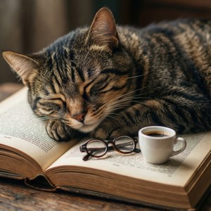 Một chú mèo ngủ trên cuốn sách với kính và cà phê. — Mèo Hình nền