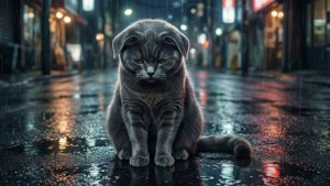 Một chú mèo xám cô đơn dưới mưa — Anime mèo Hình nền