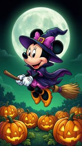 Chuột Minnie hóa thân thành phù thủy bay qua những quả bí ngô dưới ánh trăng tròn